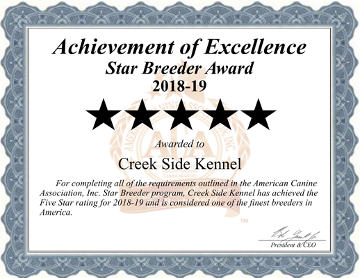 Creek Side Kennel Oberlin, KS Certificate